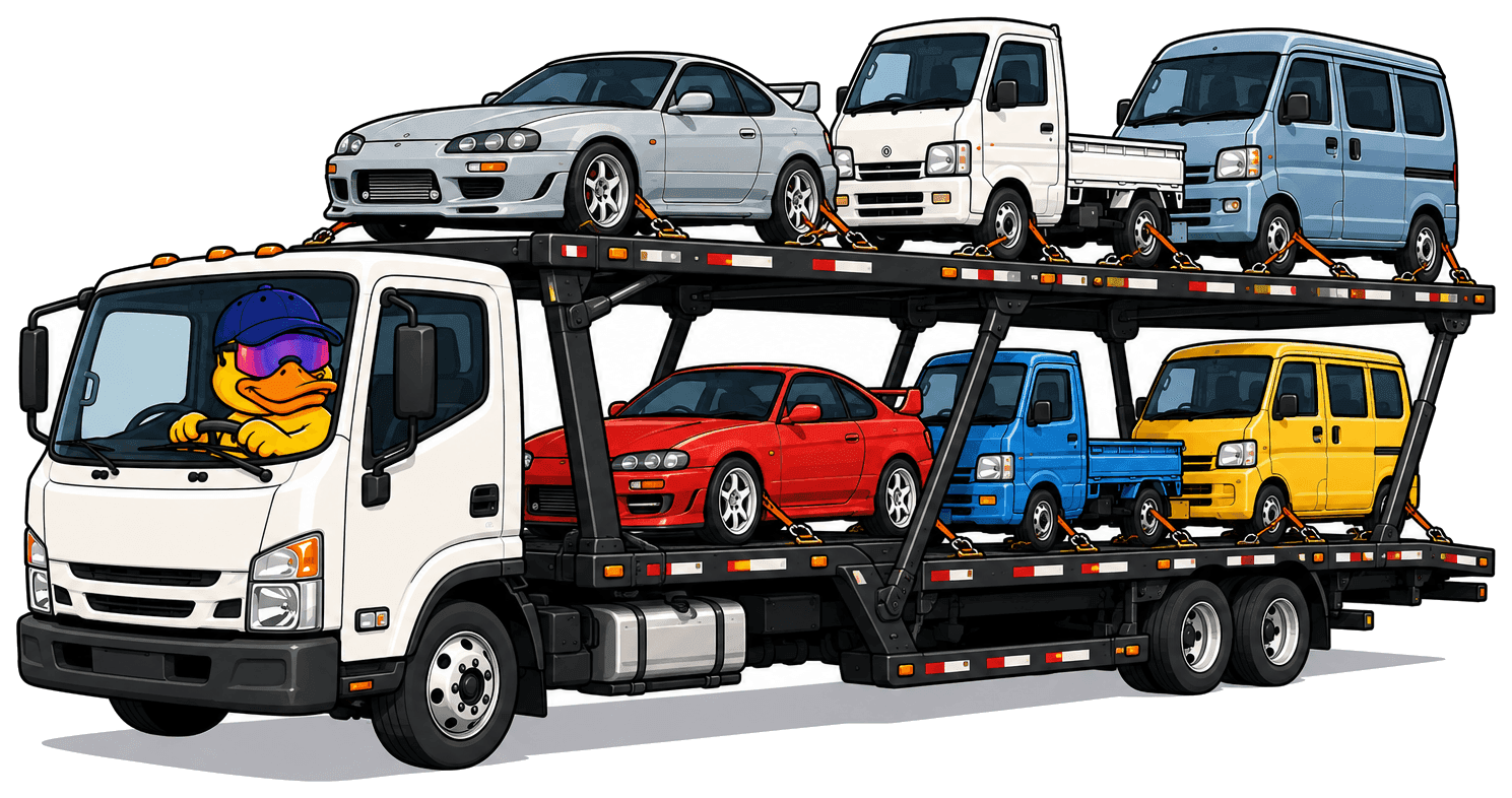 Simply Floatin duck driving a car carrier loaded with a JDM sports car, kei trucks, and vans