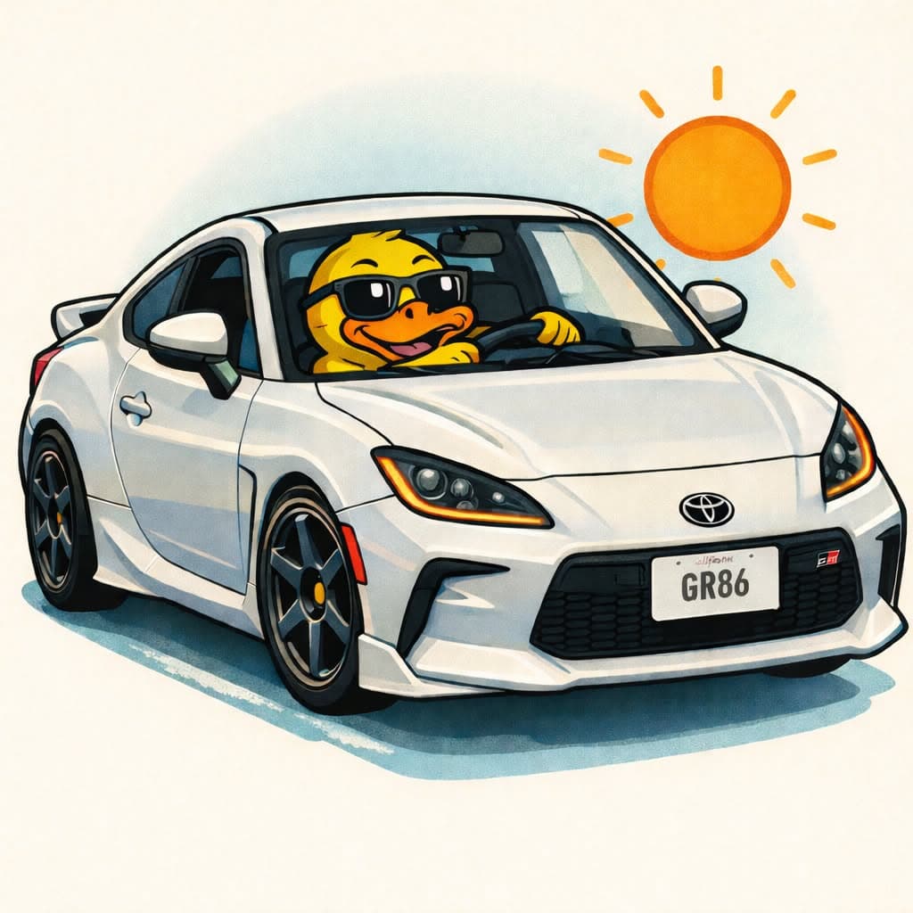 Simply Floatin's mascot driving a Toyota GR86