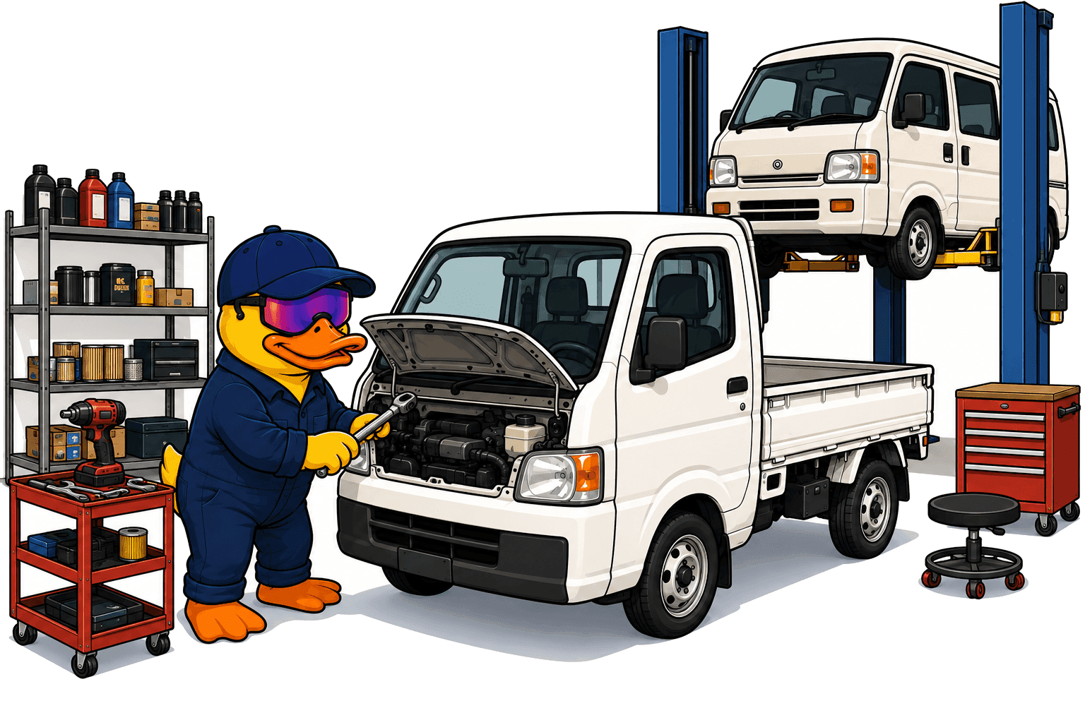 Simply Floatin duck mechanic servicing a Kei truck, with another vehicle up on the lift behind