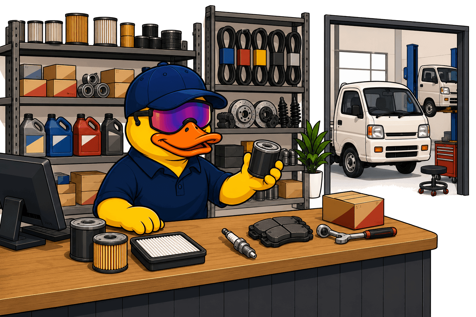 Simply Floatin duck at the parts counter, holding an oil filter
